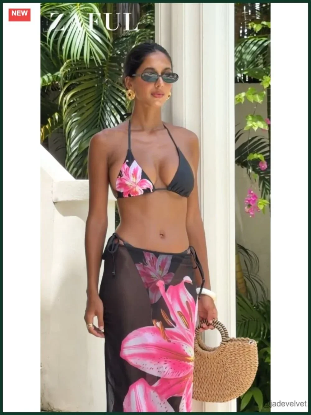 3pc Bikini Set with Sheer Cover Up Skirt Halter Triangle Top Adjustable Fit